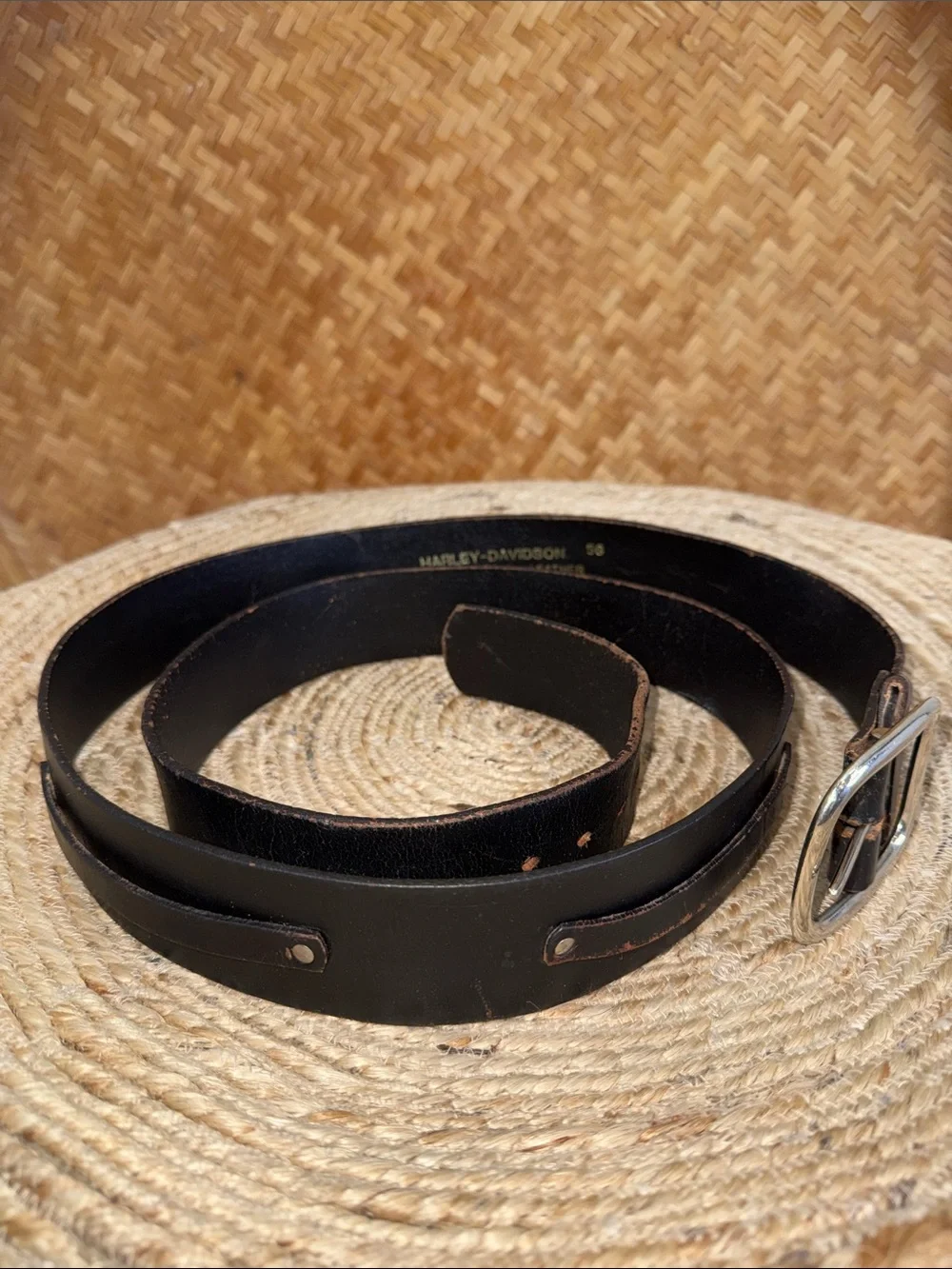 Harley-Davidson Black Top Grain Leather Belt Silver Buckle Made in USA Bikercore